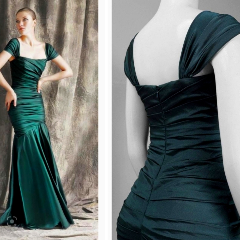 Theia Couture Ruched Mermaid Gown in Dark Teal/Emerald